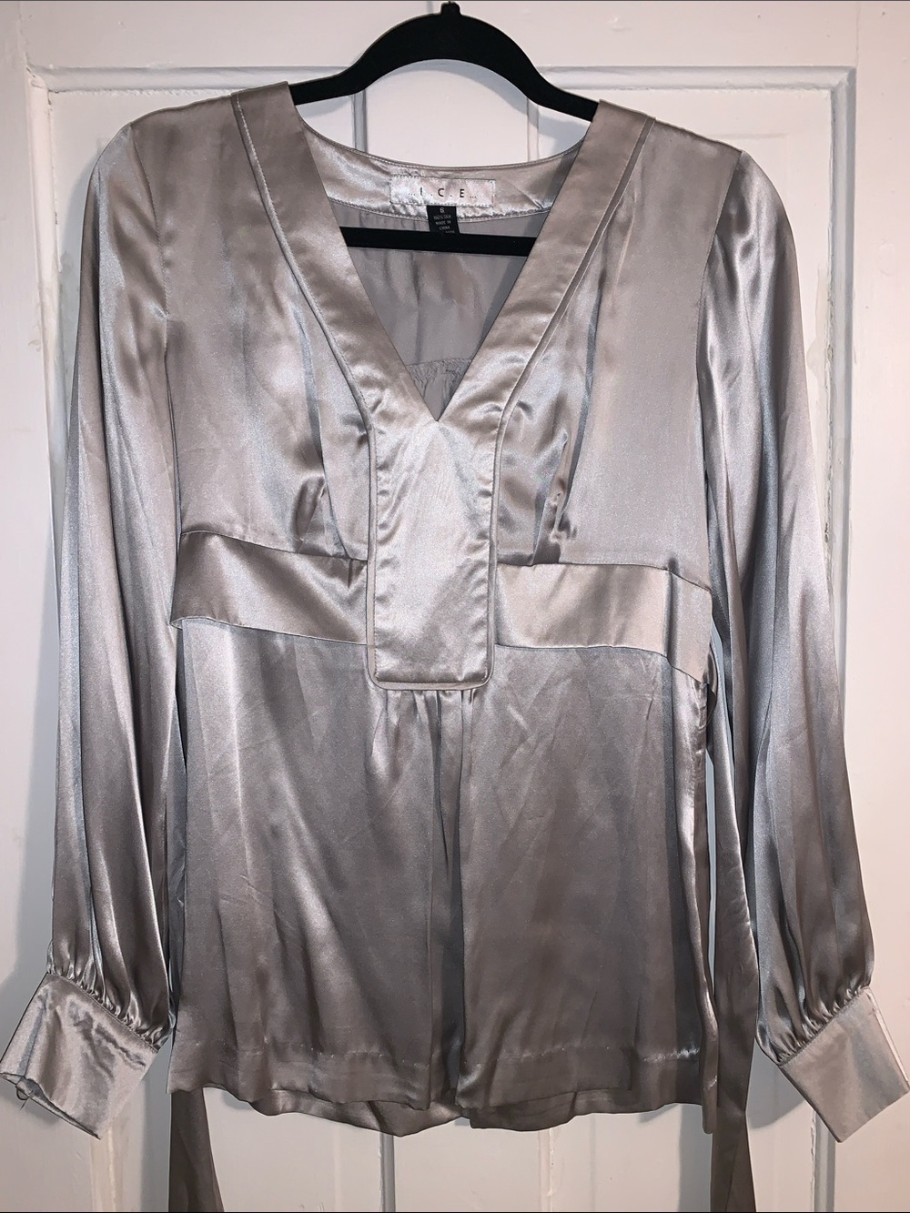 ICE Silver Satin V-Neck Long-Sleeve Blouse